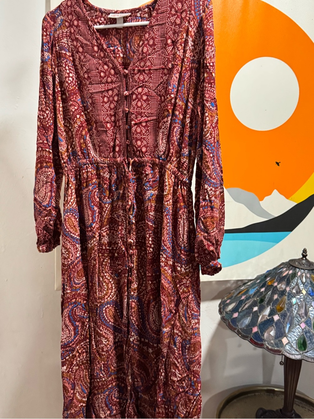 Knox Rose Burgundy Paisley Tie-Waist Long Sleeve Maxi Dress